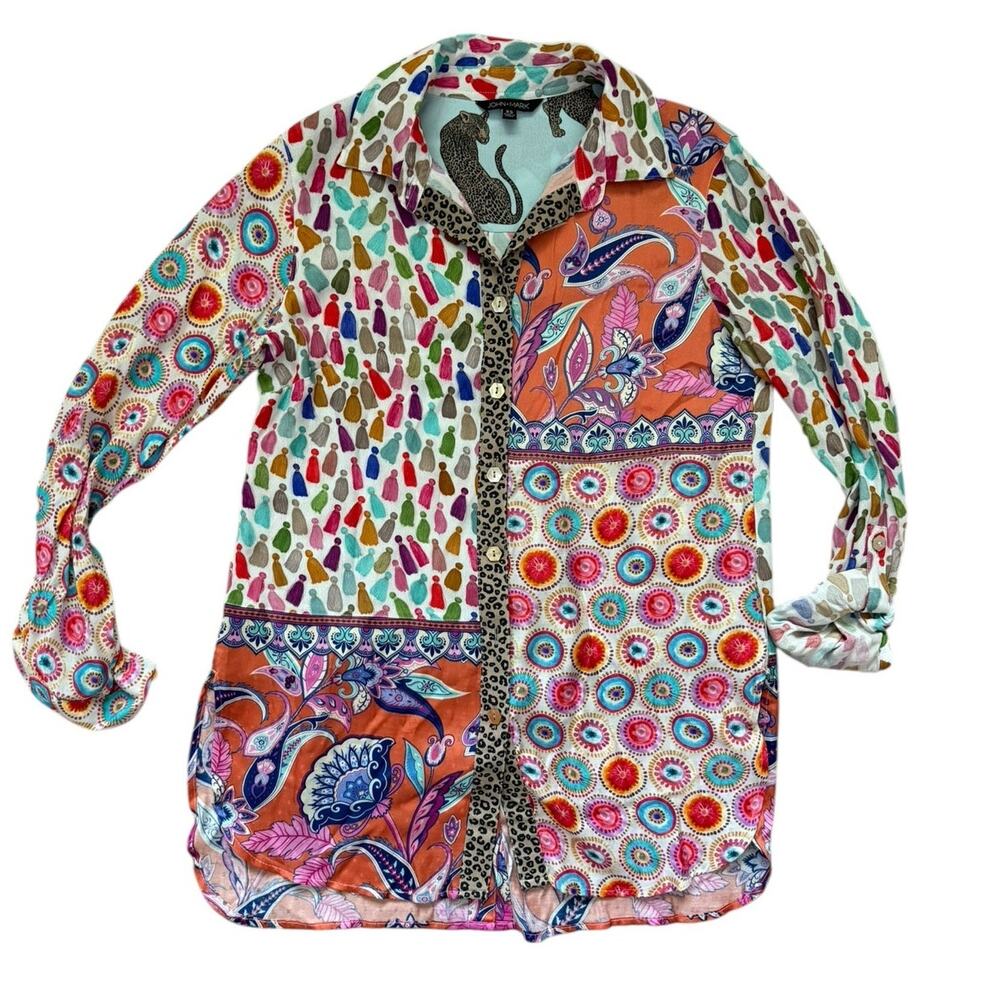 John Mark Mixed Print Buttun Front Roll Tab Sleev… - image 6